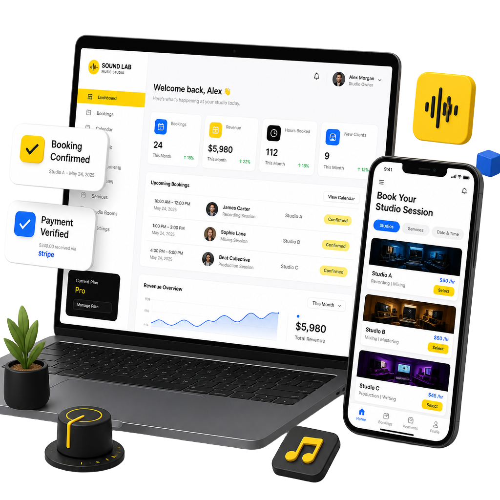 Ilustrasi dashboard LangsungBooking.id untuk pencarian studio dan pengelolaan booking
